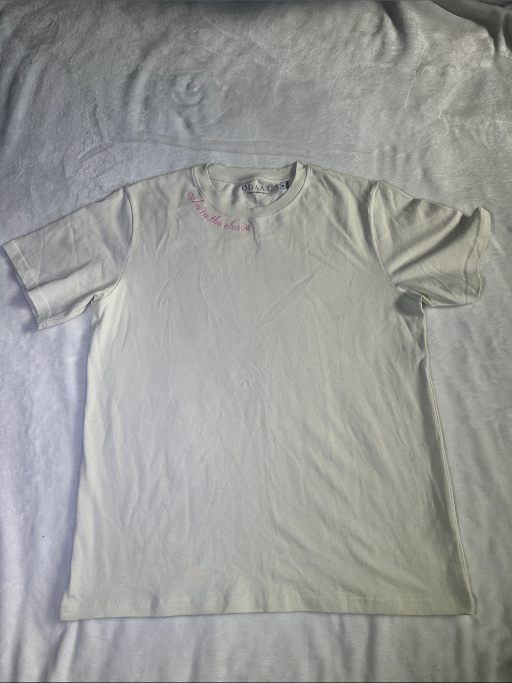 White Short-Sleeve Crewneck T-Shirt with Pink Script